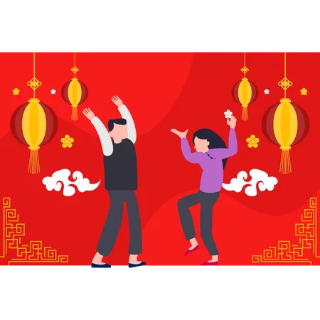 Boy and girl dancing in chinese new year  Illustration