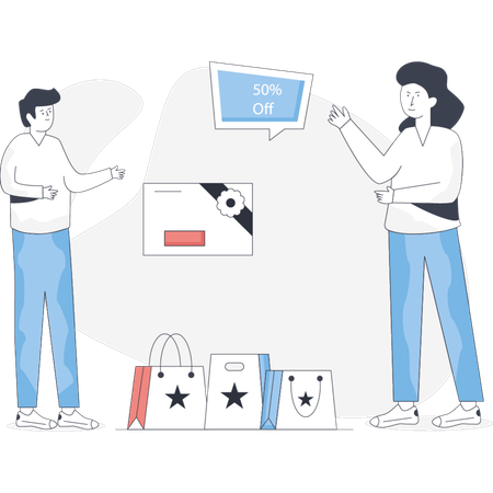 Boy and girl  dcussing about best sale offer  Illustration