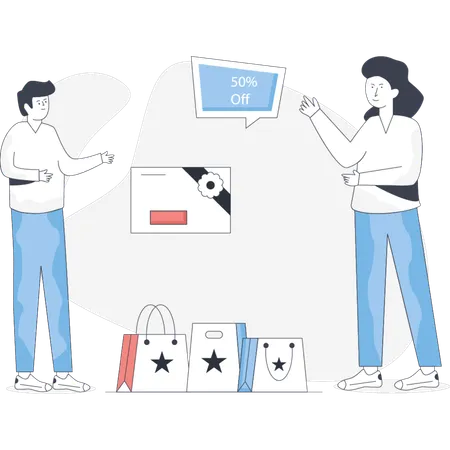 Boy and girl  dcussing about best sale offer  Illustration