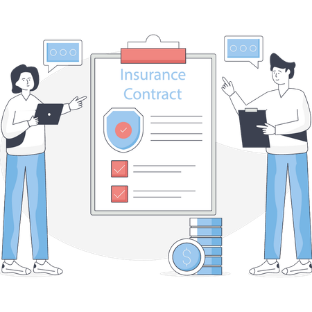 Boy and girl dcussing about insurance contract  Illustration