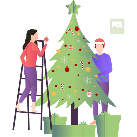 Boy and girl decorating Christmas tree  Illustration