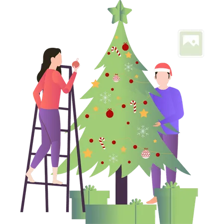 A Boy And A Girl Are Decorating A Christmas Tree Illustration