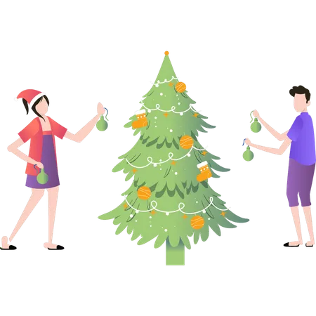 Boy and girl decorating Christmas tree with lights  Illustration