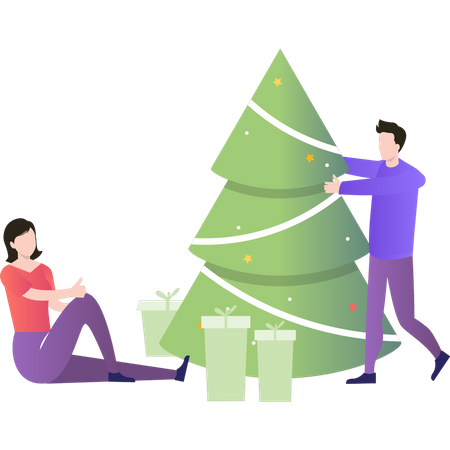 Boy and girl decorating for Christmas  Illustration