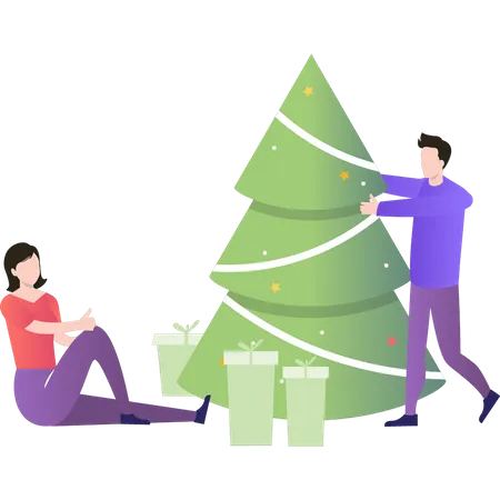 Boy And Girl Are Decorating For Christmas Illustration