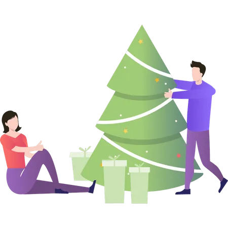 Boy and girl decorating for Christmas  Illustration