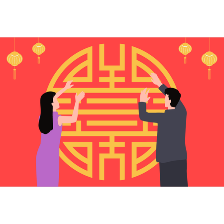 Boy and girl  decorating New Year festival  Illustration