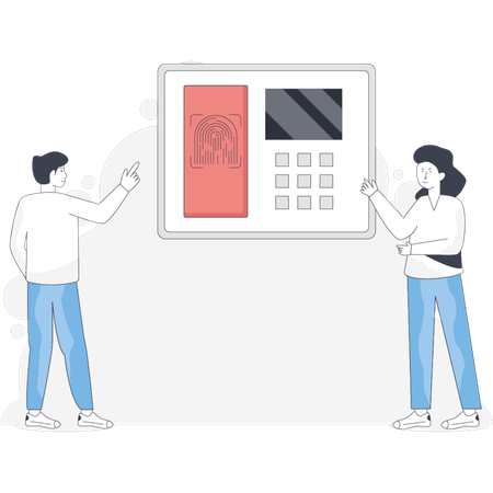 Boy and girl discuss about biometric access  Illustration