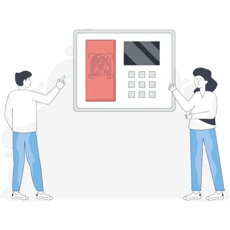Boy and girl discuss about biometric access  Illustration