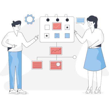 Boy and girl  discuss about flow chart  Illustration