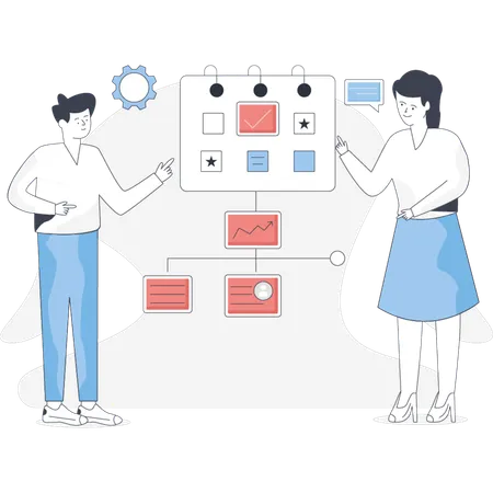 Boy and girl  discuss about flow chart  Illustration