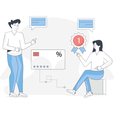 Boy and girl discuss about loyalty card  Illustration