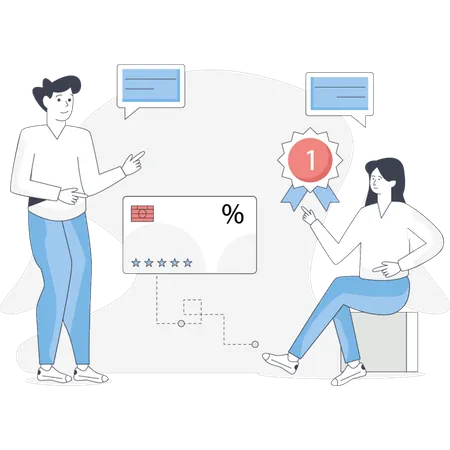 Boy and girl discuss about loyalty card  Illustration