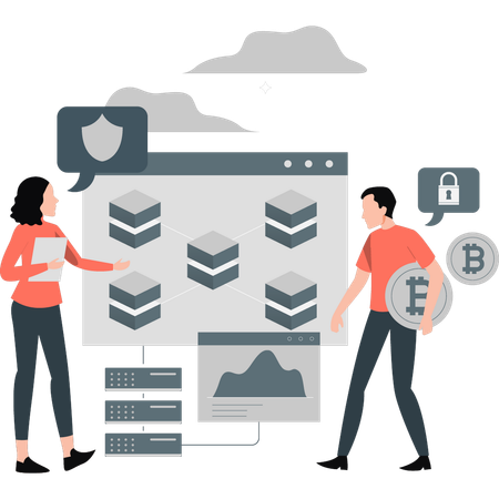 Boy and girl discussing about blocks technology  Illustration