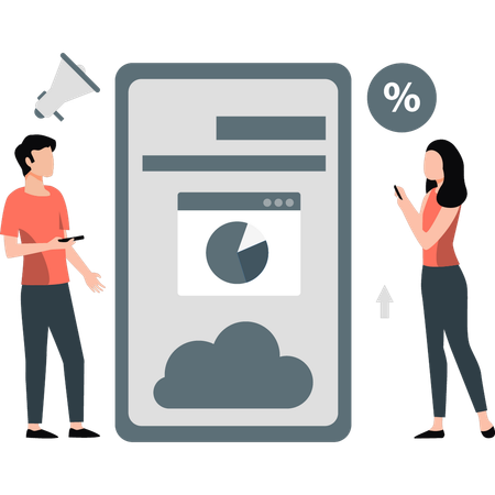 Boy and girl discussing about cloud data analysis  Illustration