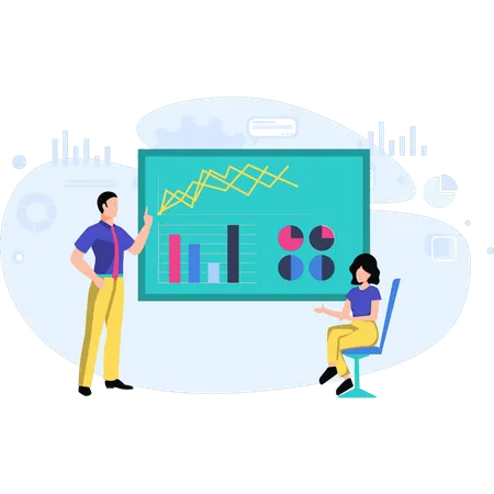Boy and girl discussing about finance chart  Illustration