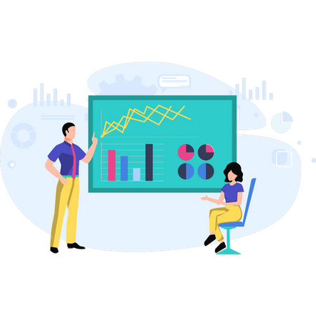 Boy and girl discussing about finance chart  Illustration