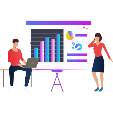 Boy and girl discussing finance graph on presentation board  Illustration