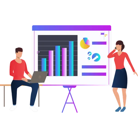 Boy And Girl Are Discussing Finance Graph On Presentation Board Illustration