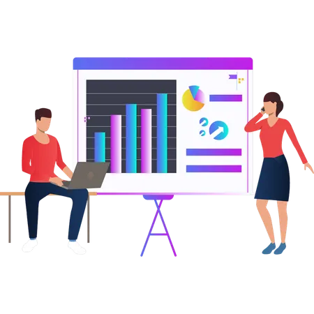 Boy and girl discussing finance graph on presentation board  Illustration