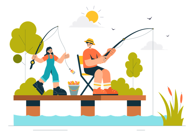 Boy and Girl Doing Fishing  Illustration