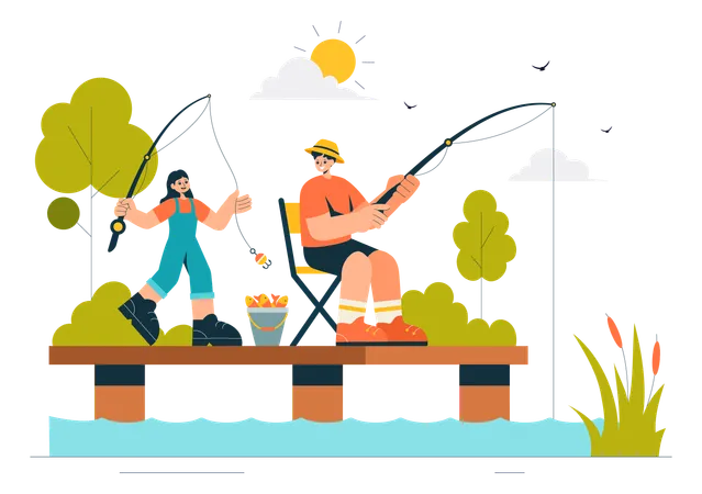 Boy and Girl Doing Fishing  Illustration