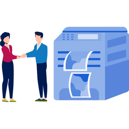 Boy and girl  doing hand shake near printing machine  Illustration