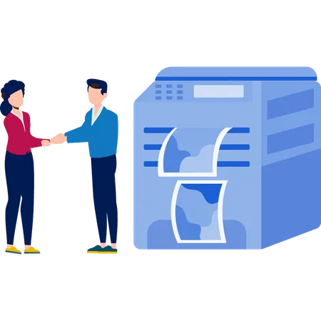 Boy and girl  doing hand shake near printing machine  Illustration