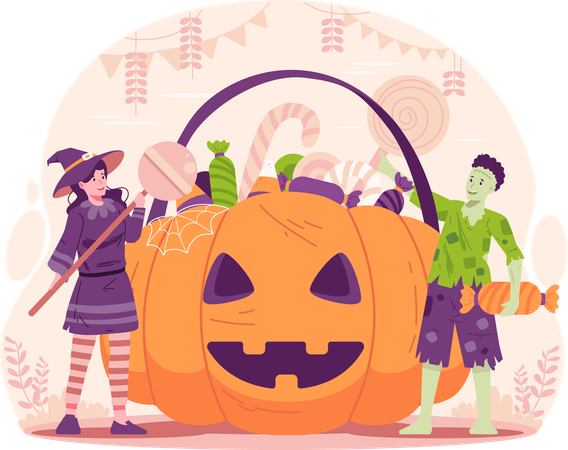 Boy and Girl Dressed in Halloween Costumes With Huge Halloween Pumpkin Basket Full of Candies and Sweets  Illustration