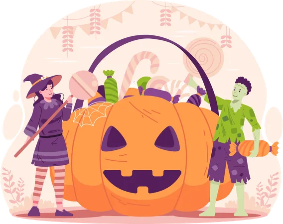 Boy and Girl Dressed in Halloween Costumes With Huge Halloween Pumpkin Basket Full of Candies and Sweets  Illustration