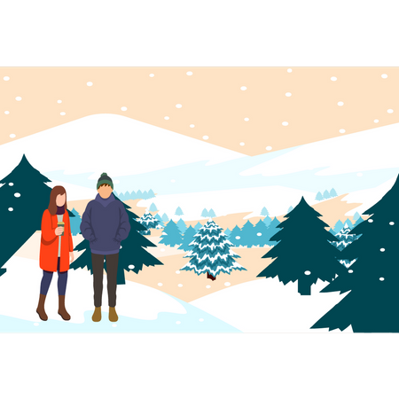 Boy and girl drinking coffee in winter  Illustration