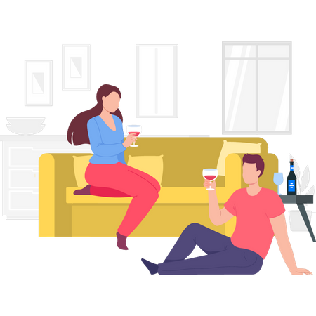 Boy and girl drinking wine on couch Illustration