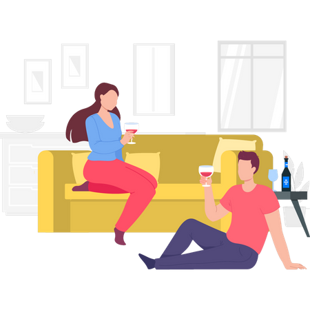 Boy and girl drinking wine on couch  Illustration