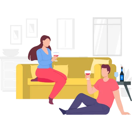 Boy and girl drinking wine on couch  Illustration