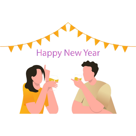 Boy and girl drinking wine on new year  Illustration