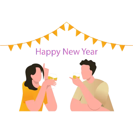 Boy and girl drinking wine on new year  Illustration