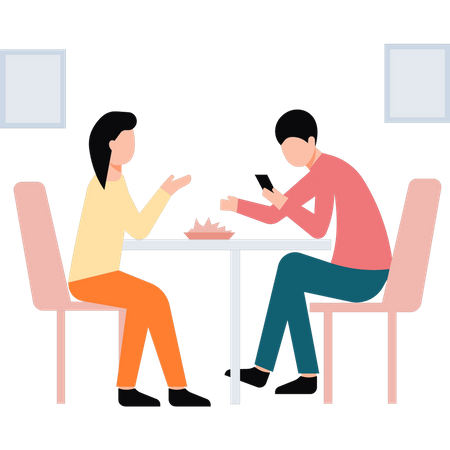Boy and girl eating at table Illustration