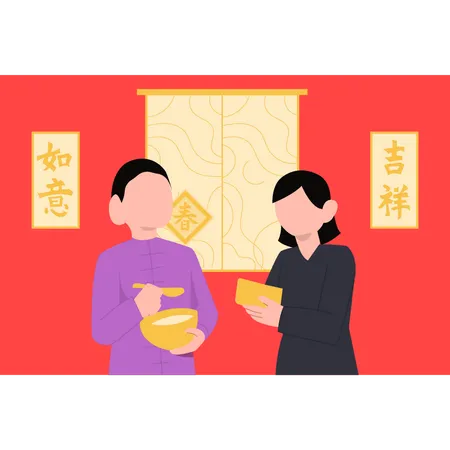 Boy and girl eating food on chinese new year  Illustration