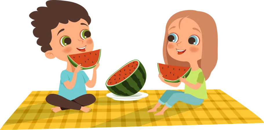 Boy and girl eating watermelon  Illustration