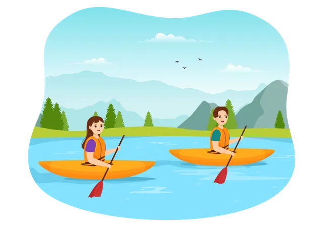 Boy and girl enjoying Rowing Sport  Illustration