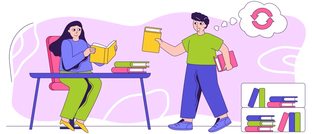 Boy and Girl Exchanging Book  Illustration