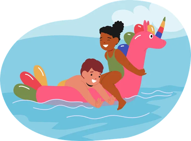 Boy and girl float on inflatable ring in pool  Illustration