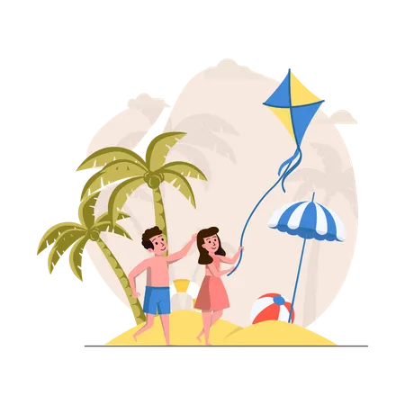 Boy and girl flying kite at beach Illustration