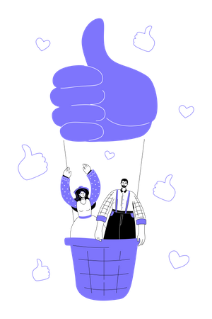 Boy and girl flying up on a hot air balloon, thumbs up and likes, hearts  Illustration