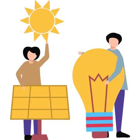 Boy and girl getting light from solar panel  Illustration