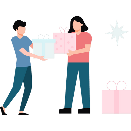 Boy and girl giving gifts to each other  Illustration