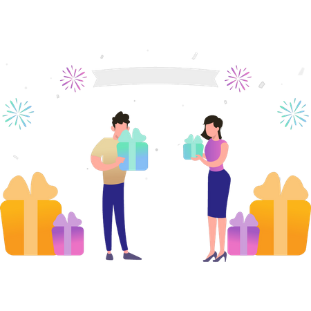 Boy and girl giving gifts to each other on New Year  Illustration