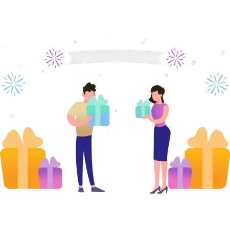 Boy And Girl Giving Gifts To Each Other On New Year Illustration