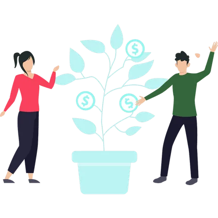 A Boy And A Girl Grow A Dollar Plant Illustration