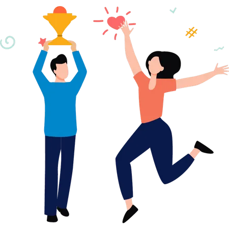 Boy and girl happy after winning trophy  Illustration